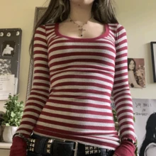 Women's Ribbed Stripe Long Sleeve Top - Scoop Neck Slim Fit Stretch Knit Tee For Fall  Winter - Đỏ - Xem 1