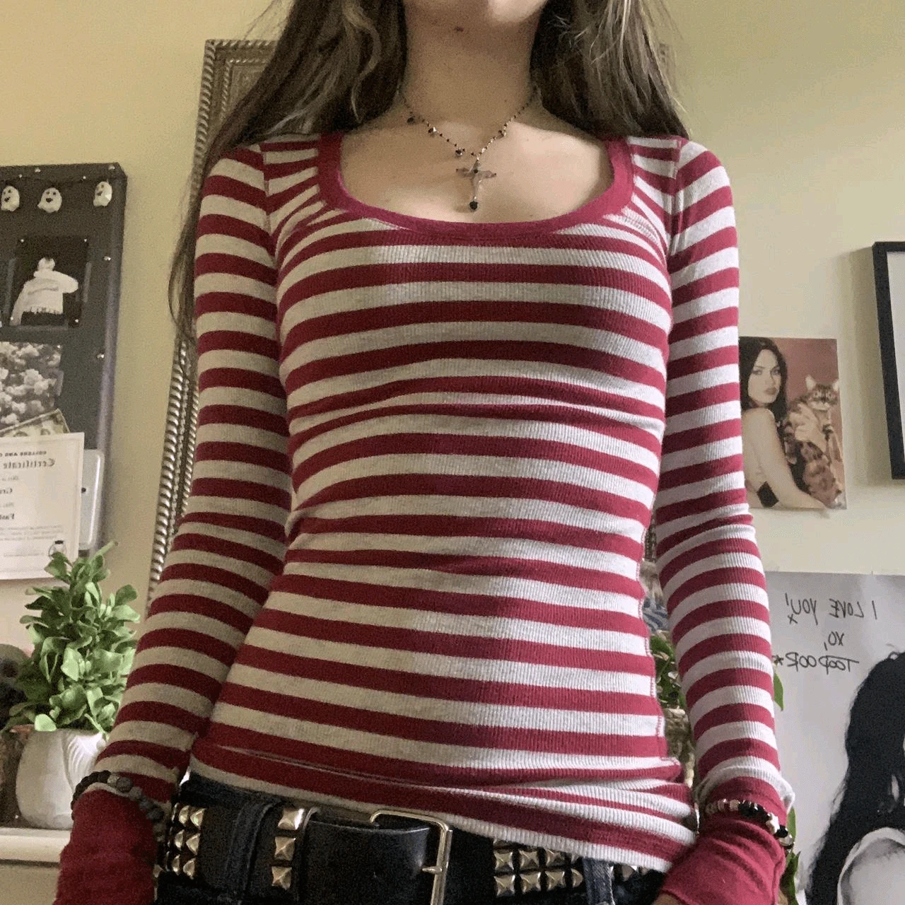 Women's Ribbed Stripe Long Sleeve Top - Scoop Neck Slim Fit Stretch Knit Tee For Fall Winter - Đỏ - Xem 1