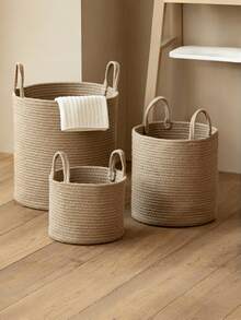 1pc Foldable Woven Laundry Basket With Handle, Hand-Woven, Large Capacity, Round Multi-Functional Storage Basket, Khaki And White Three Sizes Available, Suitable For Clothes, Blankets, Toys, Holiday Storage, Home Decoration, Suitable For Laundry Room, Bathroom, Bedroom, Living Room, Corridor Laundry Basket, Laundry Basket, Bathroom Storage Basket, Basket, Storage Basket, Foldable Laundry Basket