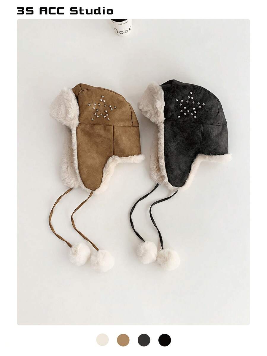 1pc Fashion Personalized Five-Pointed Star Earflap Hat, Outdoor Windproof Warm Trapper Hat, Thick Ear Protection Cap, Suitable For Men And Women - Multicolor - View 1