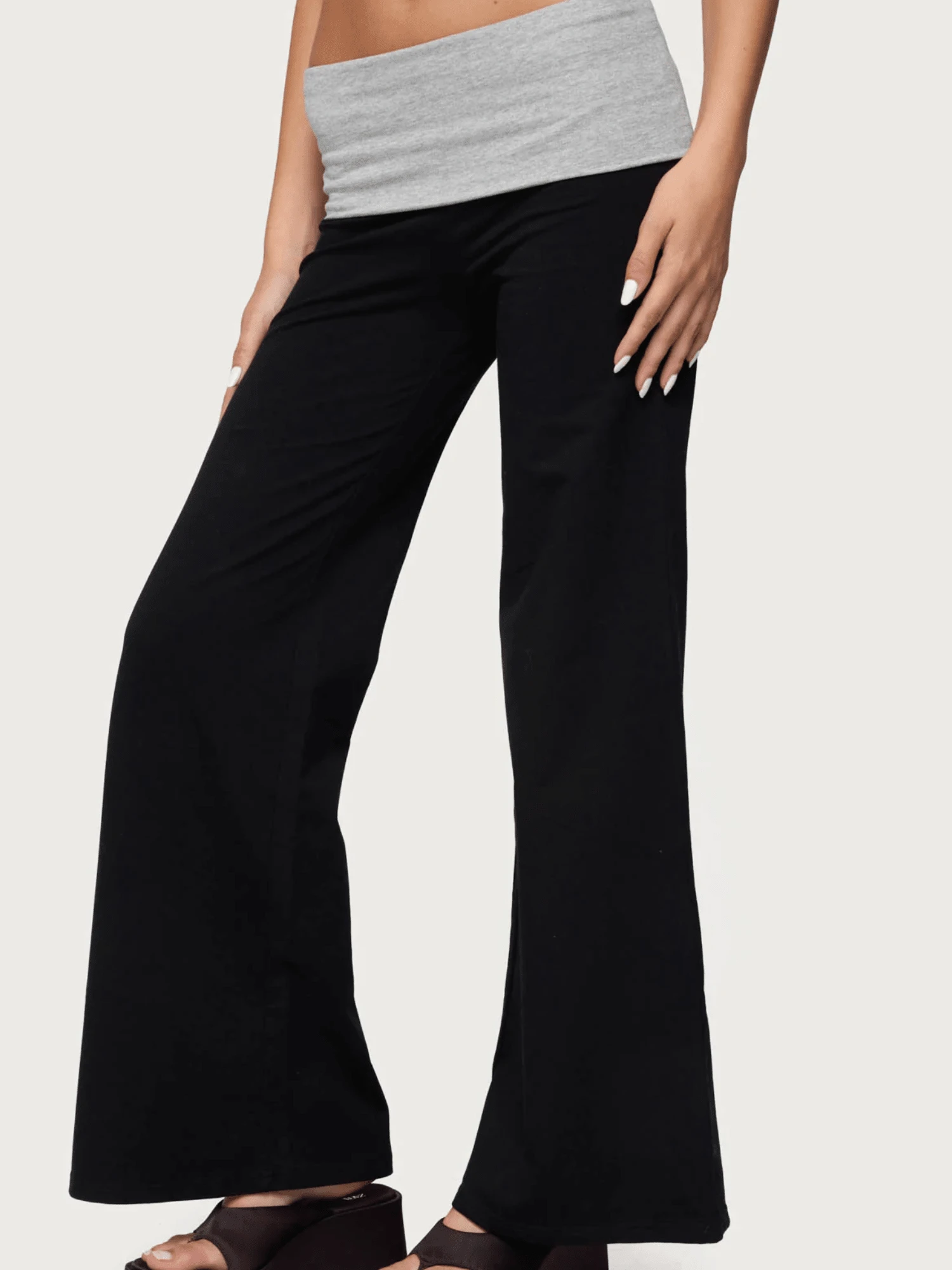 Womens Y2k Fold Over Elastic Casual Pants Stylish Low Waist Wide Leg Trousers Fashion Contrasting Color Yoga Pants Lightweight Comfy Lounge Sweatpants - 黑色 - 查看 1