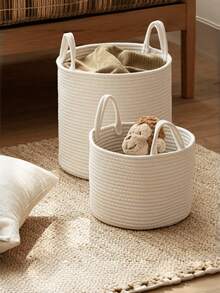 1pc Foldable Woven Laundry Basket With Handle, Hand-Woven, Large Capacity, Round Multi-Functional Storage Basket, Khaki And White Three Sizes Available, Suitable For Clothes, Blankets, Toys, Holiday Storage, Home Decoration, Suitable For Laundry Room, Bathroom, Bedroom, Living Room, Corridor Laundry Basket, Laundry Basket, Bathroom Storage Basket, Basket, Storage Basket, Foldable Laundry Basket