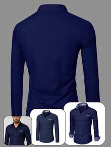 Men's Long Sleeve Slim Fit Office Casual Church Shirt Good Quality With Spandex Father's Day - 藏蓝色 - 查看 4