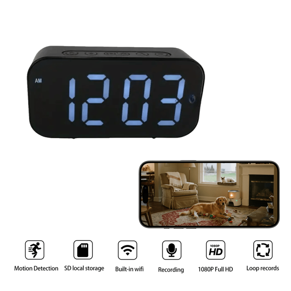 Réveil numérique avec enregistrement vidéo, horloge électronique rectangulaire avec caméra HD 1080P avec détection de mouvement, connexion Wi-Fi 6, lecture de musique, enregistrement audio vidéo grand angle 100°, adapté à la  de la maison et du bureau