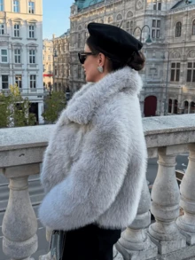 女式纯色毛绒拉链领保暖休闲仿皮草冬季大衣 - 灰色 - 查看 8