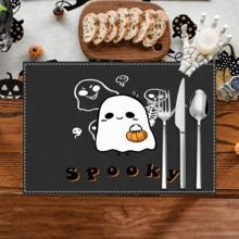 1 pieza/4 piezas/6 piezas Manteles individuales de lino con estampado de fantasmas, Halloween, regalo de Halloween, adecuado para mesa de comedor, decoración para todas las estaciones, manteles individuales lavables, decoración de habitación, manteles individuales, posavasos, manteles de mesa de cocina y comedor, decoración de fiesta interior y exterior, decoración del hogar, regalo ideal
