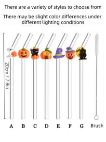 Bộ ống hút Halloween phiên bản giới hạn 1 cái/3 cái/4 cái/7 cái | Bí ngô vui nhộn + Lâu đài nhà ma + Mèo đen bí ẩn | Chất liệu thủy tinh chịu nhiệt | Bao gồm cọ vệ sinh & có thể tái sử dụng - Trong sáng - Xem 8
