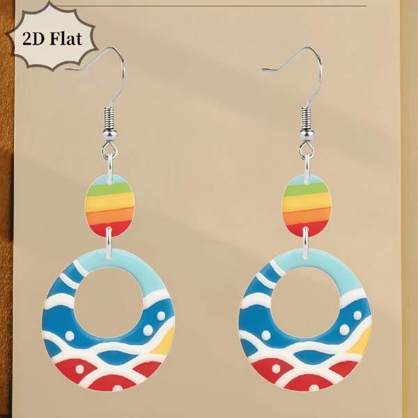 Pendientes colgantes de 2D planos y vibrantes con diseño de ola y arcoíris de colores - Pendientes de moda perfectos para el verano y el uso diario, un regalo de joyería de moda única
