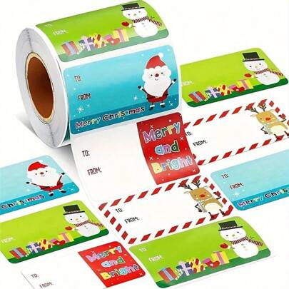 200/500pcs Roll Christmas Gift Labels Stickers Self-Adhesive, Santa & Holiday Designs For Birthday & Xmas Presents, Non-Waterproof, Plastic Surface Compatible,Perfect For Christmas Decorations