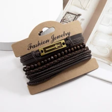 4pcs Vintage Style Layered Wood Beaded Bracelets For Men