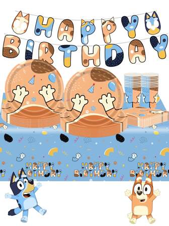 Bluey Blueys Familie en Vrienden Bingo Hond Verjaardagsfeestje Thema Decoratie Serviesgoed Tafelkleed Banner Bord Beker Servetten Bruiloft Verjaardag Vakantie Perfecte Feestartikelen en Tafeldecoraties (Sommige Kunnen Willekeurig Zijn)