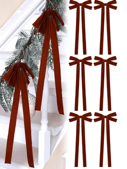 5/10个复古丝绒圣诞蝴蝶结（配金色丝带，易于系结） - 适用于圣诞树装饰、乡村风工艺品和礼品 | 经典涤纶丝带蝴蝶结，适合节日家居和婚礼装饰、圣诞装饰、圣诞树装饰、圣诞礼品包装、新年装饰