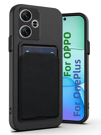 带卡夹的手机壳，带信用卡插槽的可爱硅胶钱包手机壳，柔软橡胶薄款钱包，男女通用，带防震相机盖，适用于 OPPO 和 OnePlus，黑色防水防摔防刮