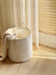 1pc Foldable Woven Laundry Basket With Handle, Hand-Woven, Large Capacity, Round Multi-Functional Storage Basket, Khaki And White Three Sizes Available, Suitable For Clothes, Blankets, Toys, Holiday Storage, Home Decoration, Suitable For Laundry Room, Bathroom, Bedroom, Living Room, Corridor Laundry Basket, Laundry Basket, Bathroom Storage Basket, Basket, Storage Basket, Foldable Laundry Basket