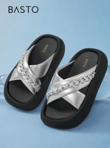BASTO 简约通勤休闲厚底水钻一脚蹬凉鞋，女士厚底，适合夏季日常、休闲、办公室、海滩