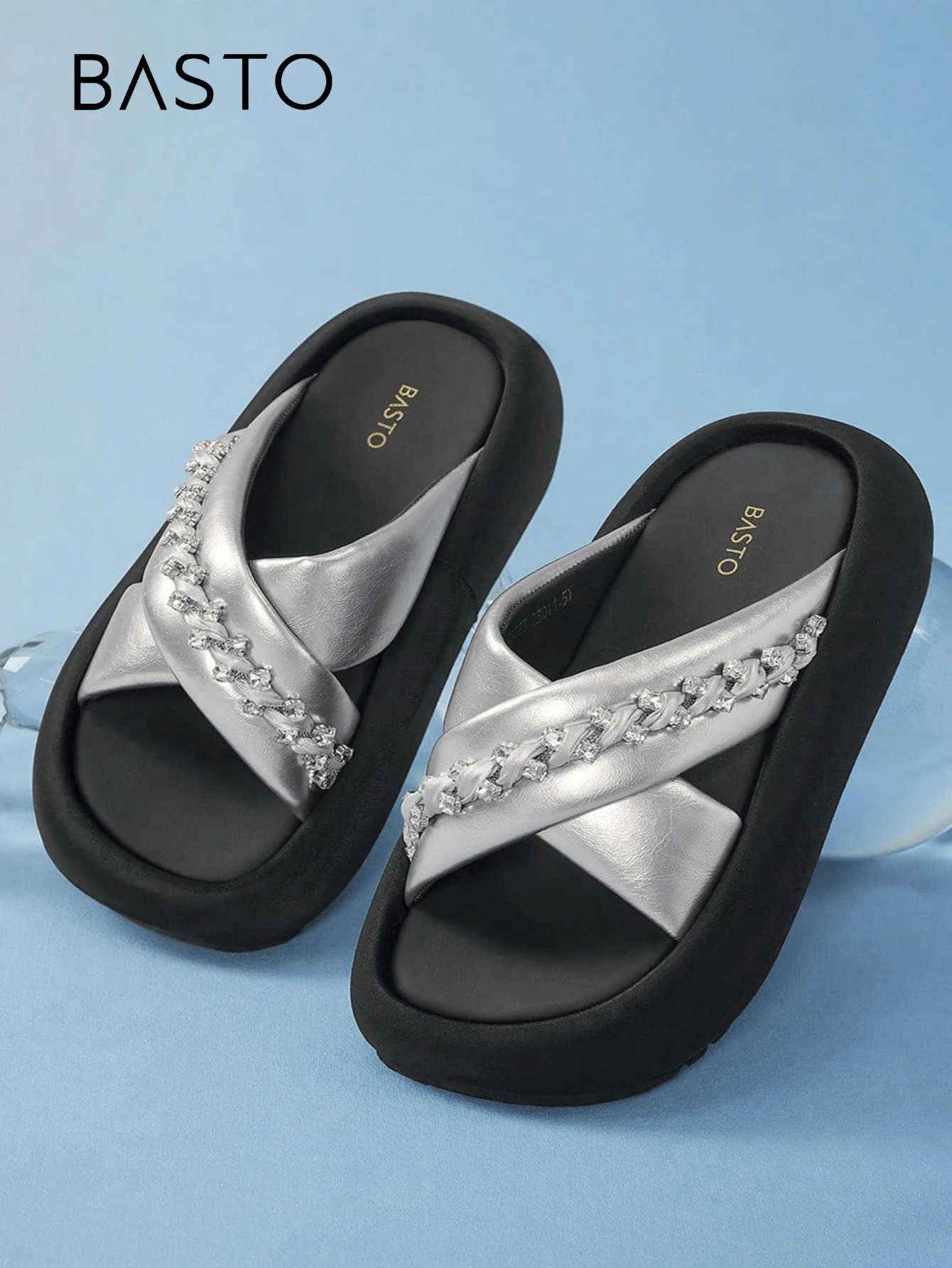BASTO 简约通勤休闲厚底水钻一脚蹬凉鞋，女士厚底，适合夏季日常、休闲、办公室、海滩