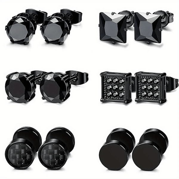 6 pares de aretes de botón negros para hombres y mujeres, aretes de barra, aretes de acero inoxidable, aretes de tapón redondo, aretes falsos de túnel para la oreja
