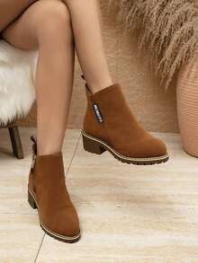 Botas Chelsea de tobillo marrones,Botas cortas de tacón de bloque con cremallera lateral marrón para mujer, estilo retro de tacón bajo, adecuadas para otoño e invierno. - Marrón - Ver 3