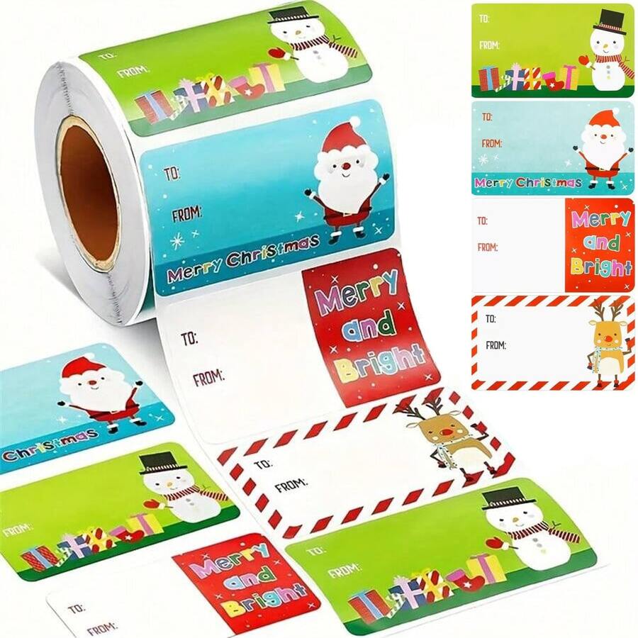 200/500pcs Roll Christmas Gift Labels Stickers Self-Adhesive, Santa & Holiday Designs For Birthday & Xmas Presents, Non-Waterproof, Plastic Surface Compatible, Perfect For Christmas Pajamas Gifts Christmas Decor - Multicolor - View 1