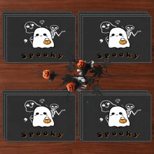 1 pieza/4 piezas/6 piezas Manteles individuales de lino con estampado de fantasmas, Halloween, regalo de Halloween, adecuado para mesa de comedor, decoración para todas las estaciones, manteles individuales lavables, decoración de habitación, manteles individuales, posavasos, manteles de mesa de cocina y comedor, decoración de fiesta interior y exterior, decoración del hogar, regalo ideal