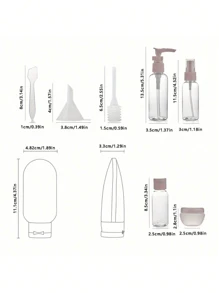 11件套粉色旅行化妆瓶套装，包括塑料乳液瓶、爽肤水瓶、喷雾瓶和洗发水瓶