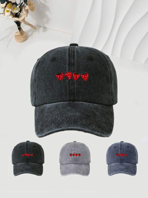 1 pieza Gorra de béisbol con estampado de "Fresa" - Estilo lavado vintage, ajustable, ideal para protección solar en actividades al aire libre, de moda para mujeres, regalo para vacaciones