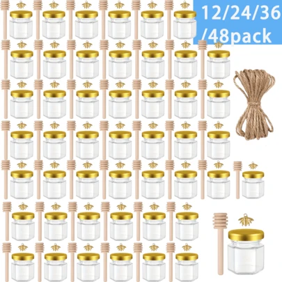 1.5oz Set Of 12/24/36/48 Honey Jars, Mini Honey Jars For Party Favors (Bulk), Glass Jars, Small Hexagonal Glass Honey Jars, Glass Storage Containers With Lids, Gold Lids, Pendants, And Jute Twine, Suitable For Showers, Wedding Gifts, Parties,Halloween,Christmas,Orange, Thanksgiving Day Gift, Harvest Festival, Family Dinner