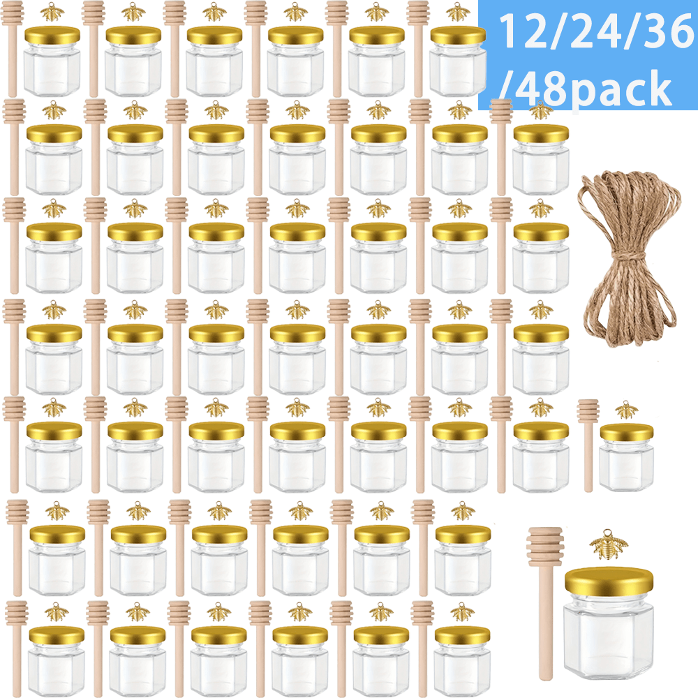 Set de 12/24/36/48 tarros de miel de 1.5 onzas, tarros de miel mini para obsequios de fiesta (a granel), tarros de vidrio, tarros de miel de vidrio hexagonales pequeños, recipientes de vidrio con tapas doradas, colgantes y cordel de yute, adecuados para duchas, regalos de boda, fiestas, Halloween, Navidad, Acción de Gracias, Festival de la Cosecha, Cena Familiar