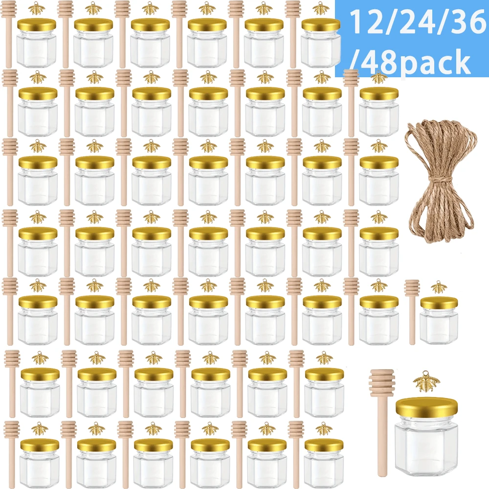 Bộ 1,5oz gồm 12/24/36/48 lọ mật ong, lọ mật ong mini dùng làm quà tặng tiệc tùng (số lượng lớn), lọ thủy tinh, lọ mật ong thủy tinh lục giác nhỏ, hộp đựng bằng thủy tinh có nắp, nắp vàng, mặt dây chuyền và dây đay, thích hợp cho tiệc mừng, quà cưới, tiệc tùng, Halloween, Giáng sinh, cam, quà tặng ngày lễ tạ ơn, lễ hội thu hoạch, bữa tối gia đình