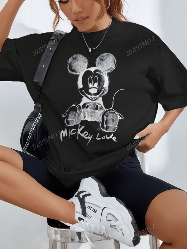 Katoenen dames T-shirt, losjes, casual en veelzijdig, collegestijl, zacht en ademend, extreem kleurcontrastontwerp, Y2k