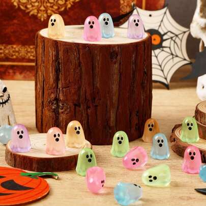 45pcs Halloween Mini Resin Ghosts, Glowing Miniature Ghost Statues Small Ghost Ornaments Glow In The Dark For Garden Fairy Accessories Party Gifts, Scary, Spooky, Halloween, Creepy, Monster
