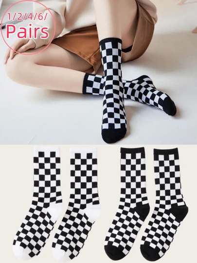 1/2/4/6 Pairs Women Checkerboard Patterned Crew Socks, Personalized Casual Socks Suitable For All Seasons, Couples, Outdoor, Parties, Gifts, Goth, Back To School, Tights, Soft, Breathable, Fall Socks