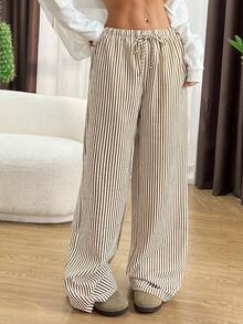 Women's Casual Striped Drawstring Wide Leg Long Pants With Slight Stretch Polyester Fabric - Khaki - View 3