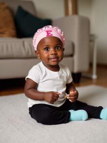 1pc Toddler/Kids 26 Letters Smooth Satin Sleep Cap, Fashionable & Comfortable, Breathable Anti-Slip, Daily Hair Care Hat - Pink - View 2