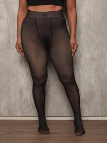 Plus Size 48 To 54 3XL Thermal Plush Pantyhose Lined Translucent Warm Fleece Women's - 黑色 - 查看 5