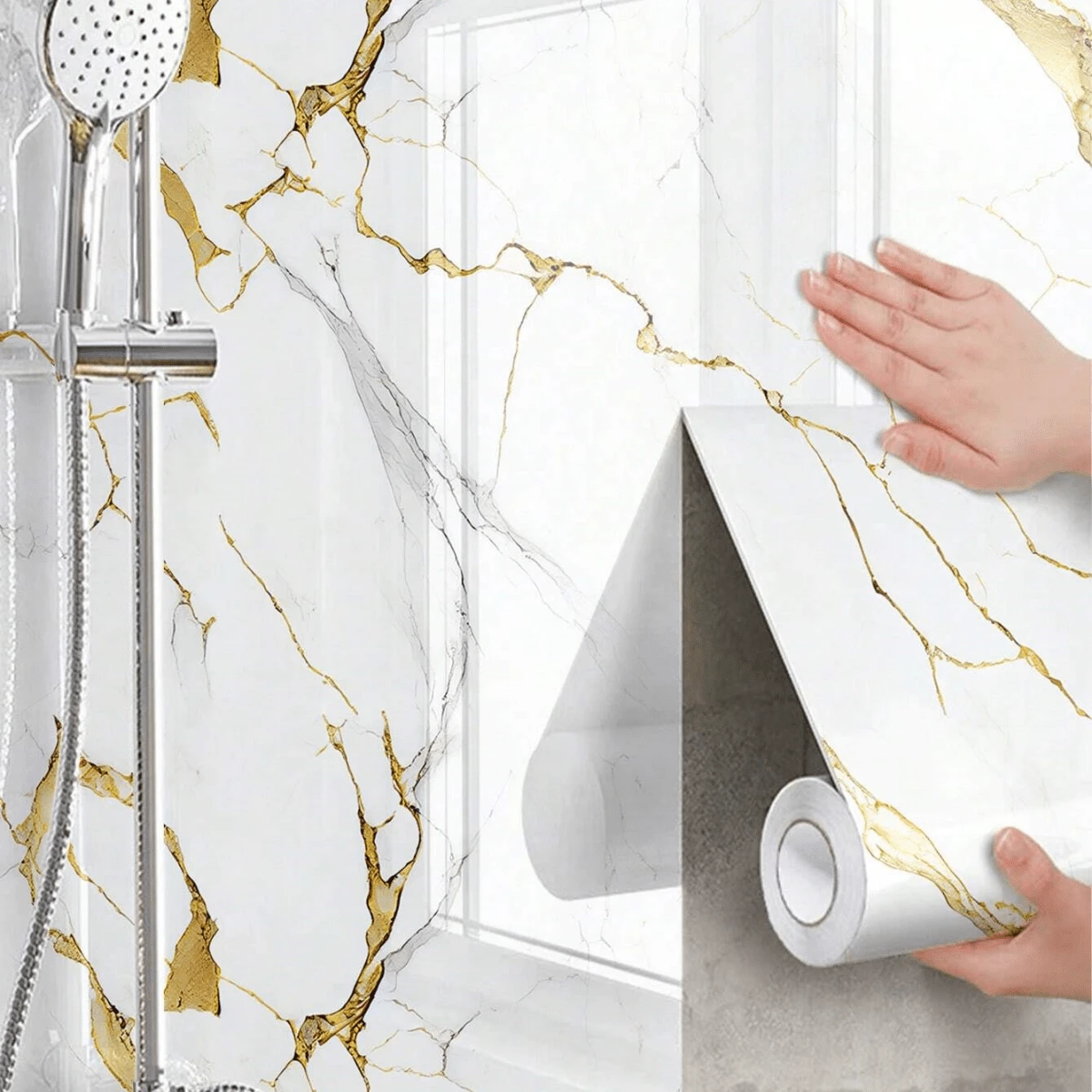 1 Rollo de papel tapiz autoadhesivo con textura de mármol dorado, papel tapiz de rápida adherencia, materiales de construcción para decoración del hogar, revestimiento de pared, pared de cocina, decoración del hogar, adhesivos decorativos para muebles, decoración de la habitación, decoración de pared, adhesivo de pared - Blanco - Ver 1