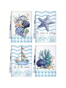 2/4pcs 15.7*23.6INCH Christmas Ocean Theme Kitchen Towels, Beach Turtle Ocean Animal Hand Washing Dish Towels, Blue Shell Starfish Housewarming Gift Kitchen Cooking Decoration, Reusable,Fall Decor,Autumn Decor,Room Decor