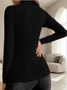 Blusa de gola alta e manga comprida, malha casual de cor sólida com nervuras, uso diário em casa, camiseta elegante primavera outono inverno - Preto - Ver 2