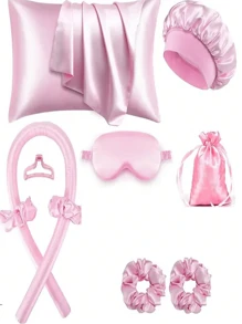 12pcs Sleep & Hair Care Tool Set, Includes Curling Iron, 1pc Silk Pillowcase (Queen Size For Hair & Skin), Heatless Curling Set, Overnight Curling Rods, 1pc Soft Sleep Mask, 1pc Silk Sleep Cap, Sleep Essentials Set, Hair Accessories, Facial Massage Roller, Hair Care Products