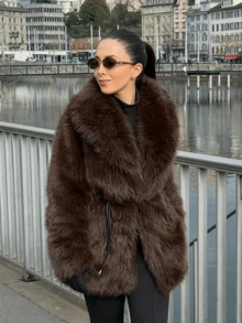 GDDYIN Winter New Year Imitation Fur Coat, Big Collar, Fluffy Waist, Heart-Shaped Buckle Design, Lazy Style Faux Fur Coat - Mocha Brown - View 5