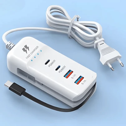 Extensão Carregador de 4 Portas 2 USB e 2 PD Tipo C Celular Tomada  Multifuncional