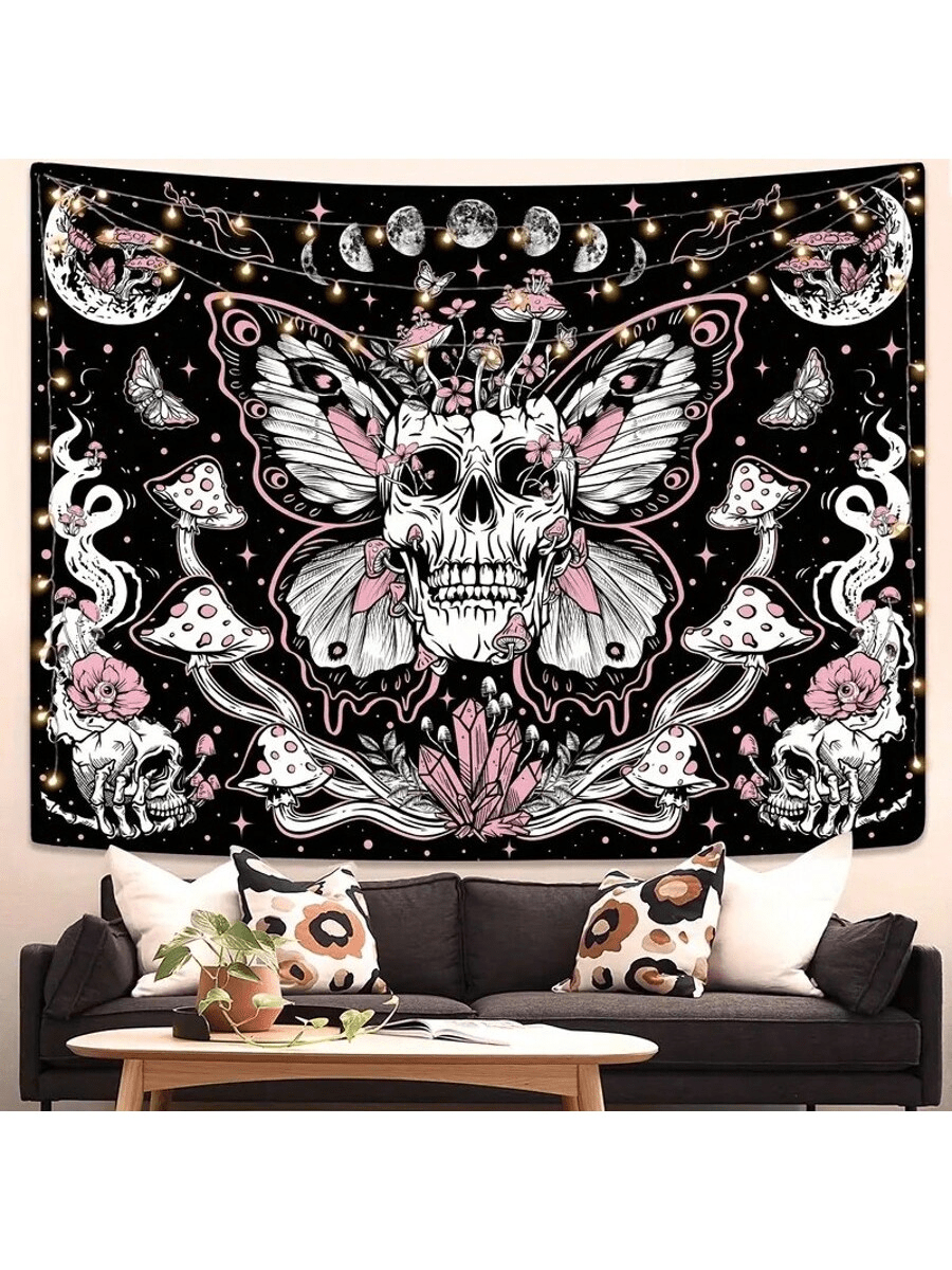 [ Skull Tapestry] Gothic Elegance, Spooky Skull & Abstract Tapestry - Black And White, Polyester Wall Hanging For Home And Dorm Decor, 78x59 Inches, Includes Free Accessories, Horror, Room Decor, Gifts For Yourself And Friends