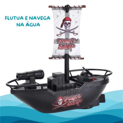 Brinquedo Barco Pirata Com Motor Movido A Pilha Anda Na Água Navio Preto Infantil Diversão Garantida