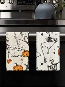 2pcs/4pcs/12pcs Halloween Skeleton & Witch Kitchen Towels, Halloween Pattern Dish Cloths, Halloween Home Decor, Halloween Kitchen Decor, Modern Style, Quick Dry, Super Absorbent Microfiber Material, Rectangular 40*60CM Digital Printing Pattern, Suitable For Autumn Kitchen Decor, Outdoor Party Decoration, Thanksgiving Gifts, Birthday Presents - Multicolor - View 5