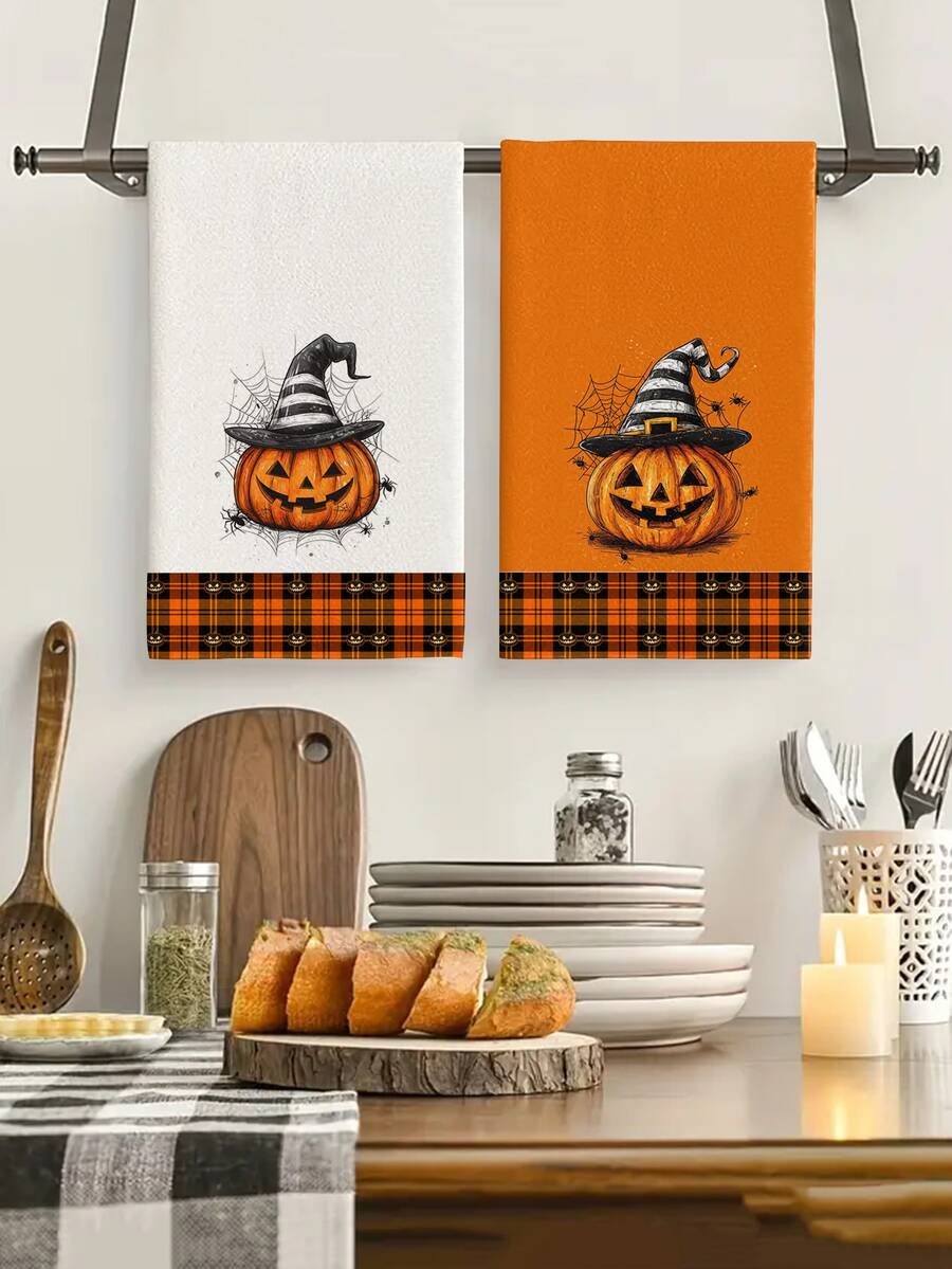 2pcs/4pcs/12pcs Halloween Pumpkin Kitchen Towels, Halloween Pattern Dish Cloths, Halloween Home Decor, Halloween Kitchen Decor, Modern Style, Quick Dry, Super Absorbent Microfiber Material, Rectangular 40*60CM Digital Printing Pattern, Suitable For Autumn Kitchen Decor, Outdoor Party Decoration, Thanksgiving Gifts, Birthday Presents - Multicolor - View 1