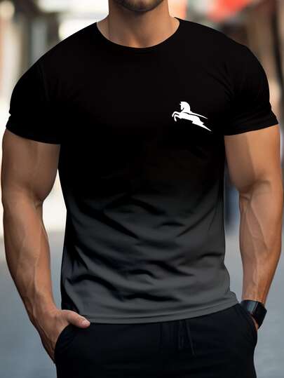 Men's Breathable Casual Short Sleeve Crew Neck T-Shirts In, Gradient Graphic, Polyester Blend, Machine Washable For Summer Sports & Leisure Tops Workout