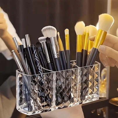 [1pc Luxe Makeup Brush Holder] 1pc Luxe Acrylic Makeup Brush Holder | 3-Compartment Cosmetic Organizer, Countertop Standing Display Case, Lightweight Plastic, No Power Needed, Independent Stylish Storage Solution