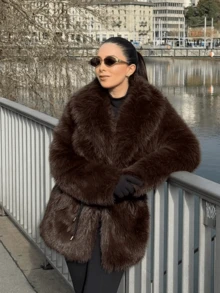 GDDYIN Winter New Year Imitation Fur Coat, Big Collar, Fluffy Waist, Heart-Shaped Buckle Design, Lazy Style Faux Fur Coat - Mocha Brown - View 6