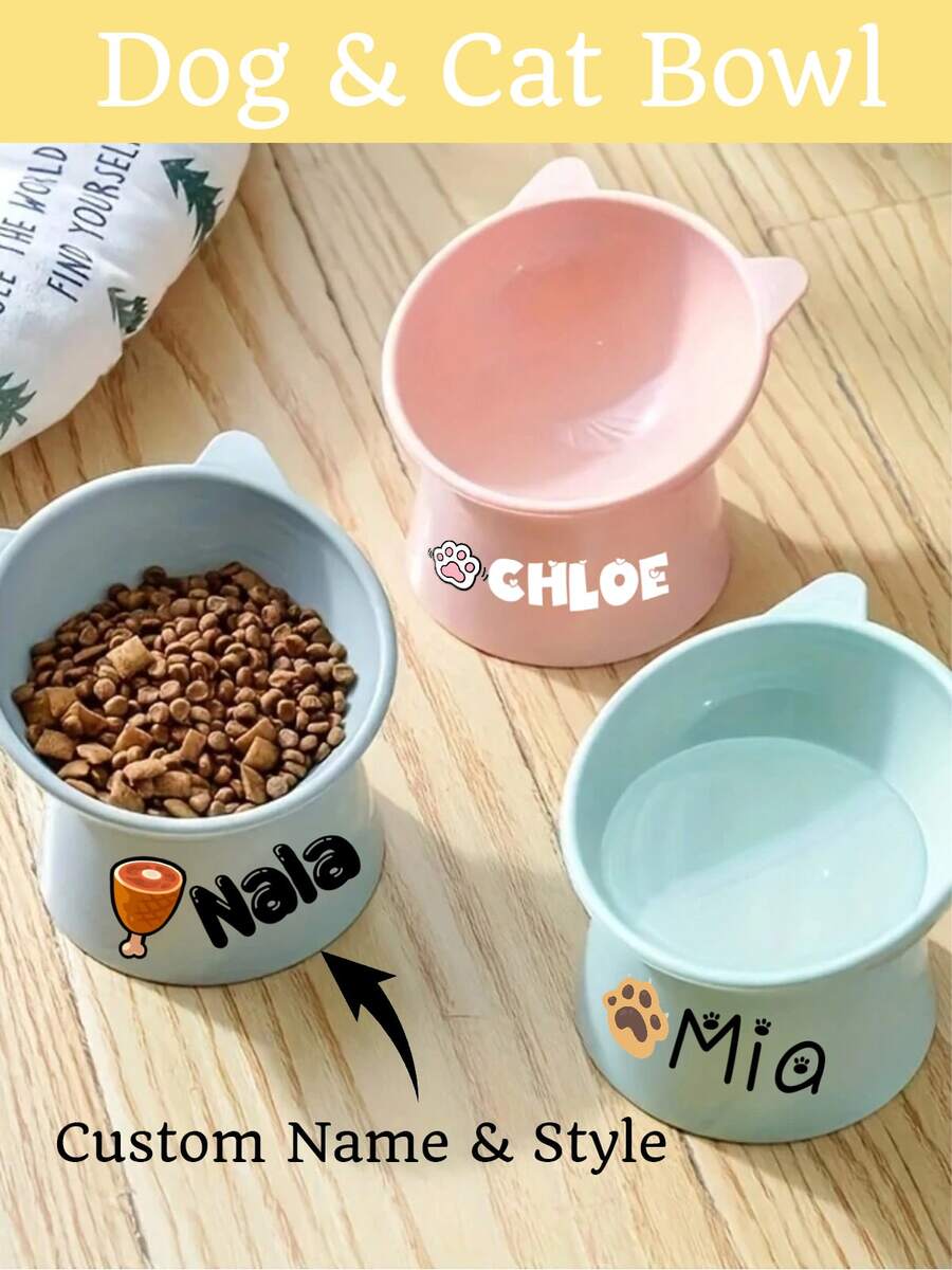 1/2pcs Customized Pet Cat Raised Bowl, Customizable Name, Easy To Clean, Plastic Material, Suitable For Dog/Cat Food And Water, Puppies, Whisker-Friendly