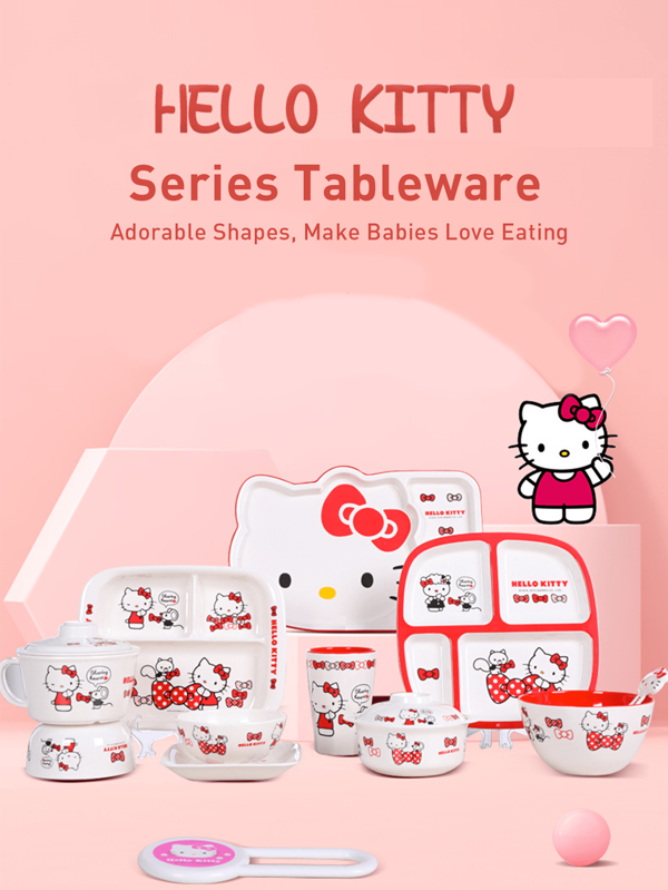 Hello Kitty Kids Melamine Tableware Set, Cute Cartoon Design For Toddlers & Children, Healthy Materials, Lightweight Durable Bowl Plate With Divided Sections, Perfect For Home School & Travel Use, Boost Kids' Appetite With Fun Tableware, Includes Apple-Shaped Bowl, Straw Berry-Shaped Bowl, Divided Plate, Bowl & Plate Set